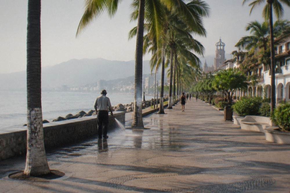 Oceanfront promenade with palm trees and the boardwalk paving stretching toward distant hills