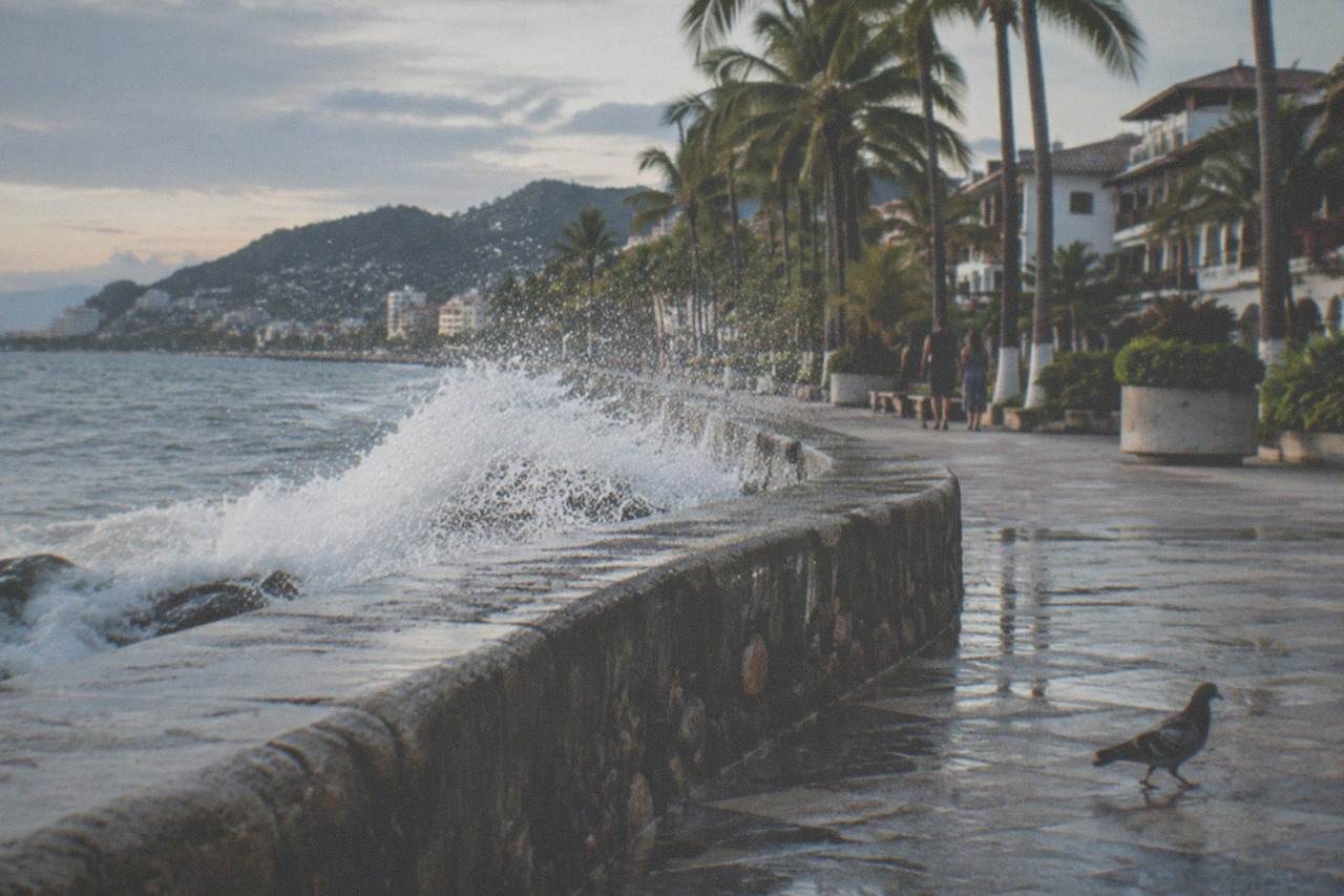 The Puerto Vallarta Malecon boardwalk curving along the waterfront with ocean waves breaking beyond the seawall