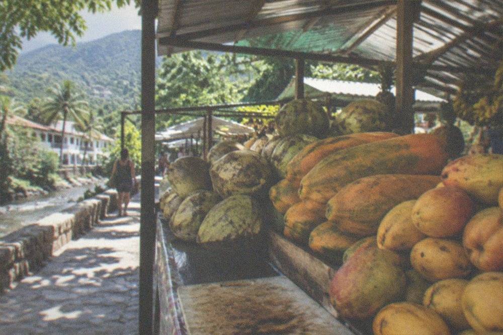 Colorful market stall with piles of fresh tropical fruit under a tin roof