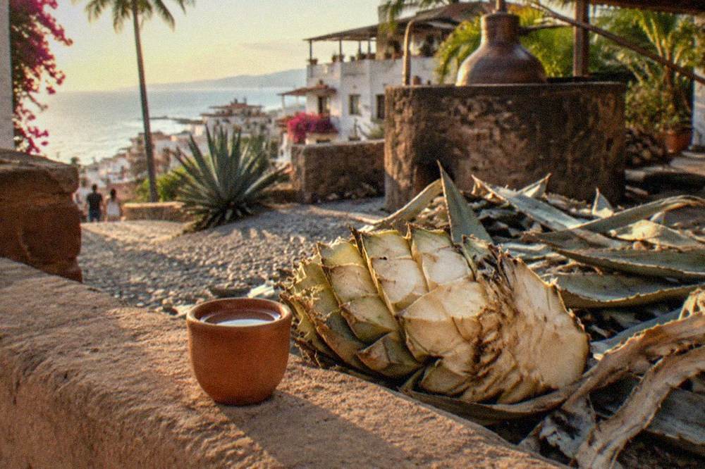 A small clay cup of clear raicilla resting beside agave leaves on a rustic table