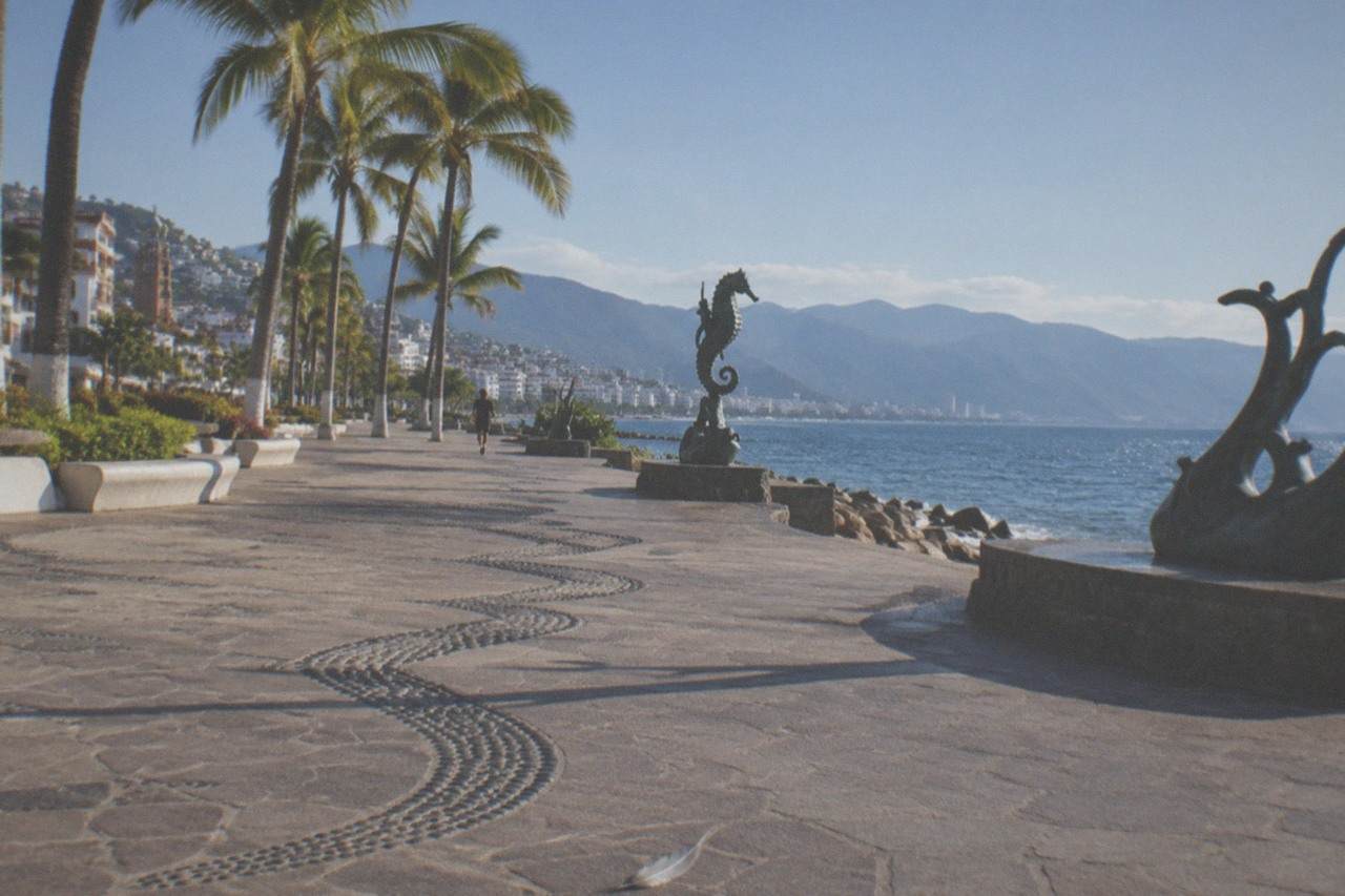 Wide oceanfront boardwalk in Puerto Vallarta with palm trees, sculptures, and the bay in the background