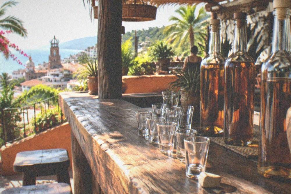 Agave spirit bottles and tasting glasses arranged on a wooden bar top