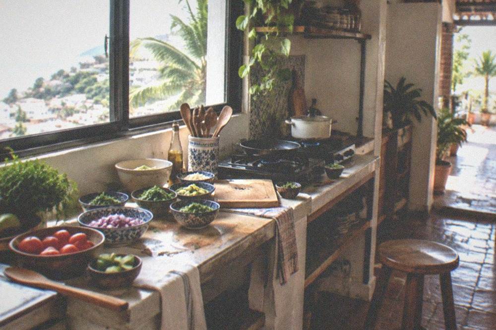 A small group of cooking stations with ingredients portioned into bowls beside a sunny home kitchen window