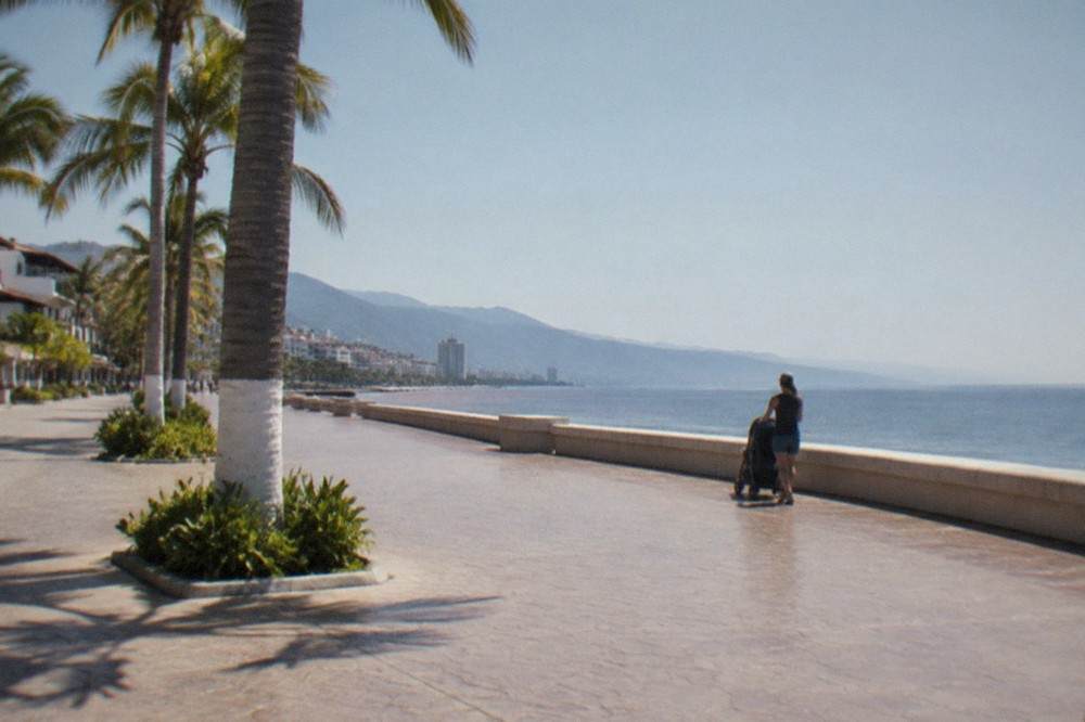 Wide pedestrian boardwalk along the bay with palm trees, benches and ocean horizon