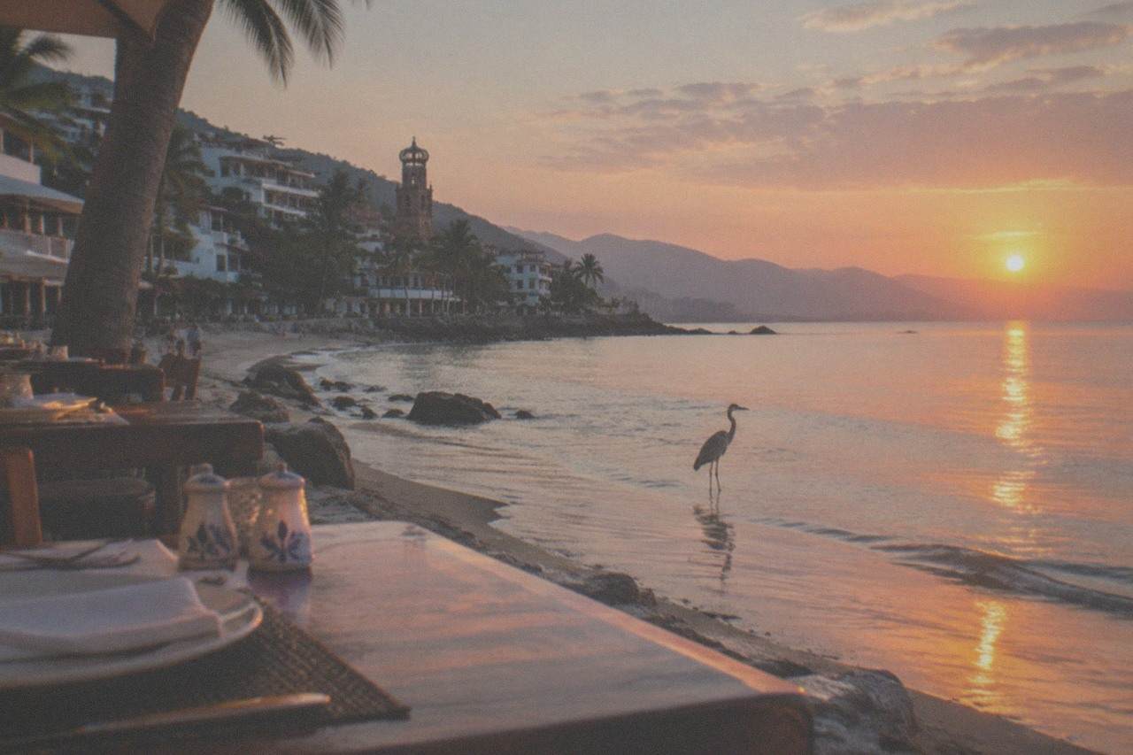 Oceanfront restaurant tables beside the Puerto Vallarta shoreline at golden hour